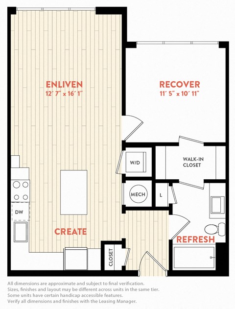 Floor plan for 1 bed, 1 bath, 707 sqft